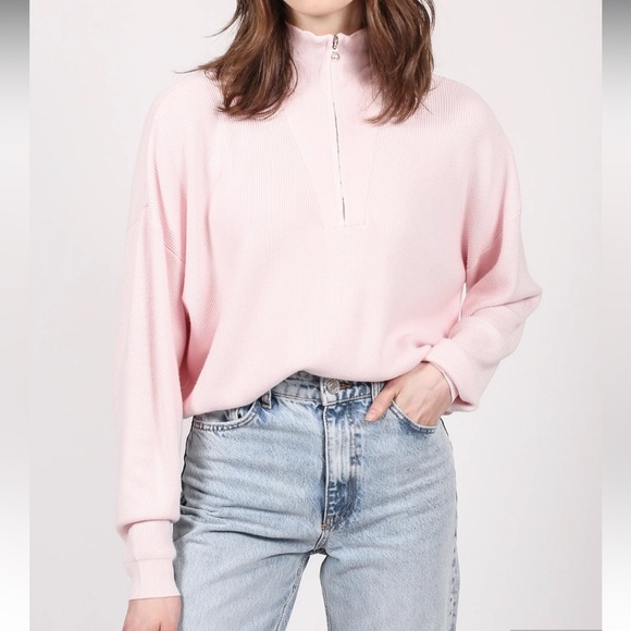 Brunette The Label Tops - Brunette The Label Blush Pink Ribbed Loose Fit Half Zip Knit Pop Over